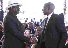 Raila Offers Ruto a Handshake at Mukami Kimathi's Burial 