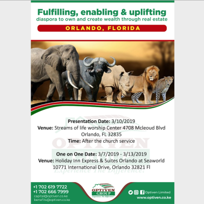 Kenya Real Estate Firm Optiven to Visit Streams of Life Worship Center in Orlando, Florida on March 10th