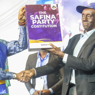 Presidential hopeful Jimmy Wanjigi (left) Takes Over Safina Leadership From Paul Muite (Right) Jimi Wanjigi Takes Helm of Safina Party, Vows to Challenge President Ruto in 2027