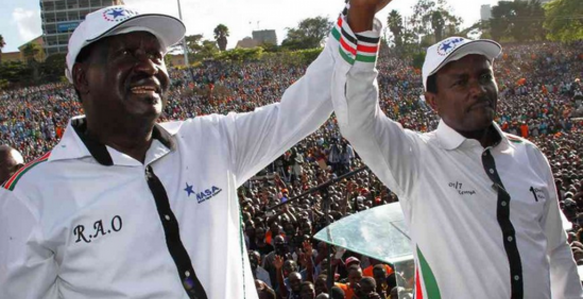 NASA presidential candidate Raila Odinga and his running mate Kalonzo Musyoka at a past campaign event We're Not Shaken By Court Ruling on Presidential Ballots, NASA Leaders Say