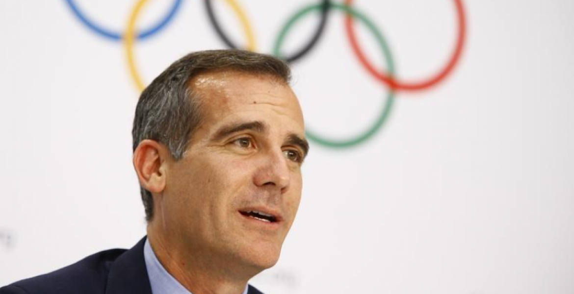 Mayor of Los Angeles Eric Garcetti attends the press conference after the voting during the International Olympic Committee (IOC) extraordinary session in Lausanne, Switzerland July 11, 2017. Los Angeles to Host 2028 Summer Olympics