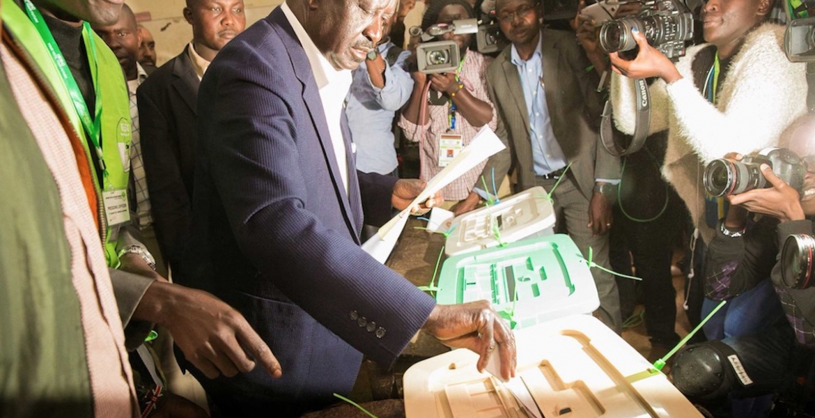 National Super Alliance (NASA) presidential candidate Raila Odinga casts his ballot on Tuesday, August 8th at Olympic Primary School in Kibra Constituency NASA Parallel Tallying Center Ready to Go, Says Raila