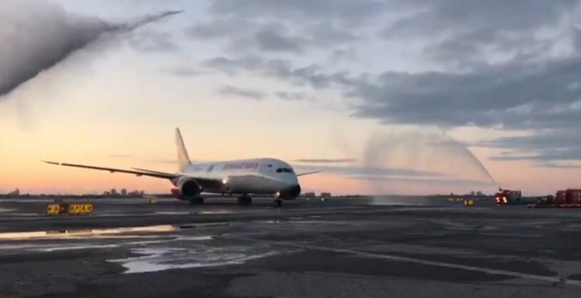 Kenya Airways' Maiden Direct Flight to the US Receives Water Salute at JKF Airport in New York