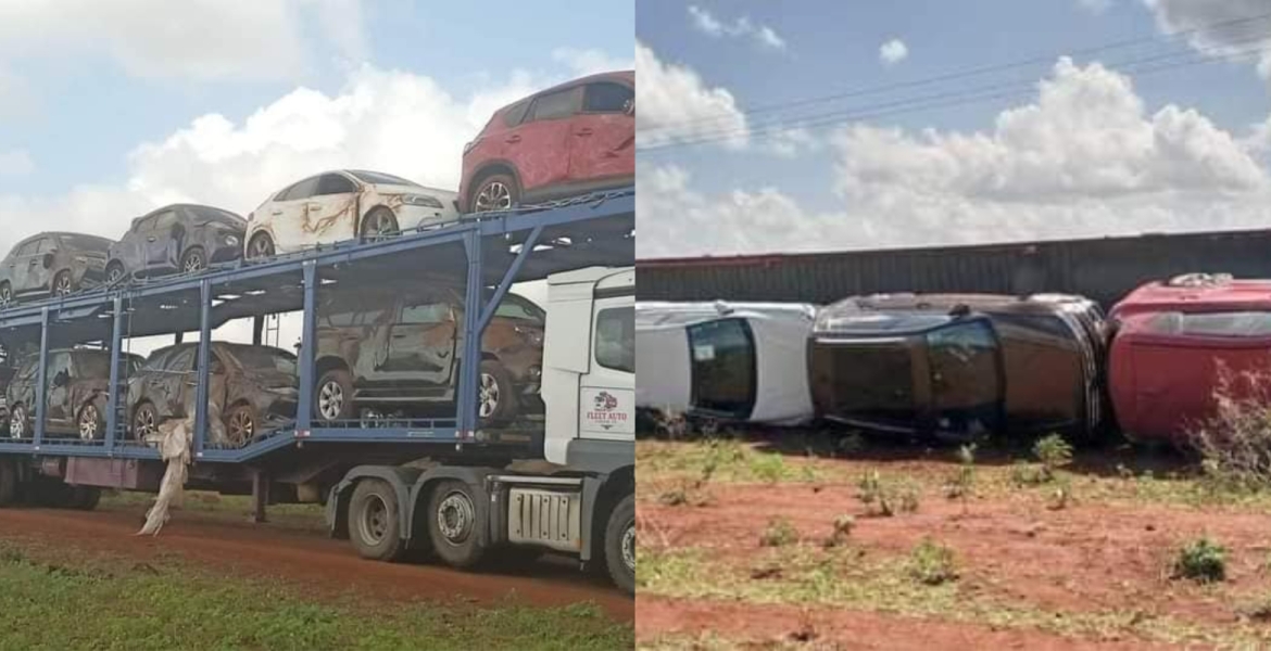 Car Importer Counting Huge Loses as Vehicle Carrier Overturns on Nairobi-Mombasa Highway