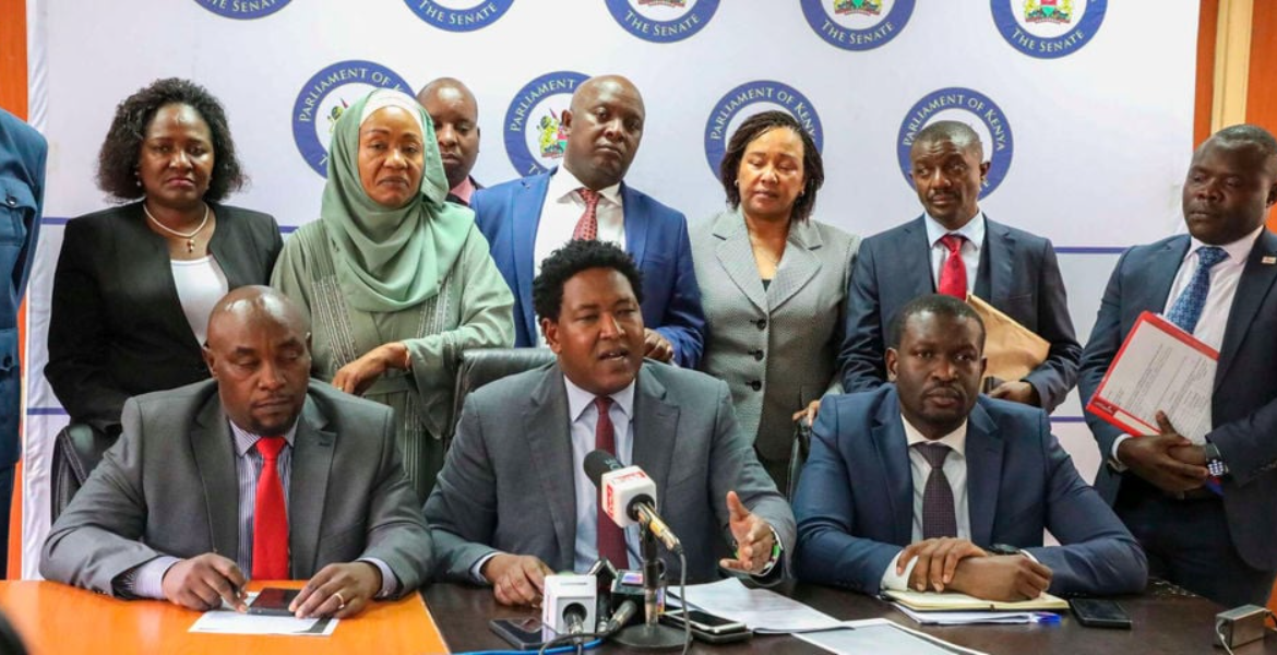 Senate Minority Whip Ole Kina (Centre) and Nairobi Senator Edwin Sifuna (Right) Azimio Fresh Plans to Remove Members Who Shifted Allegiance to Kenya Kwanza