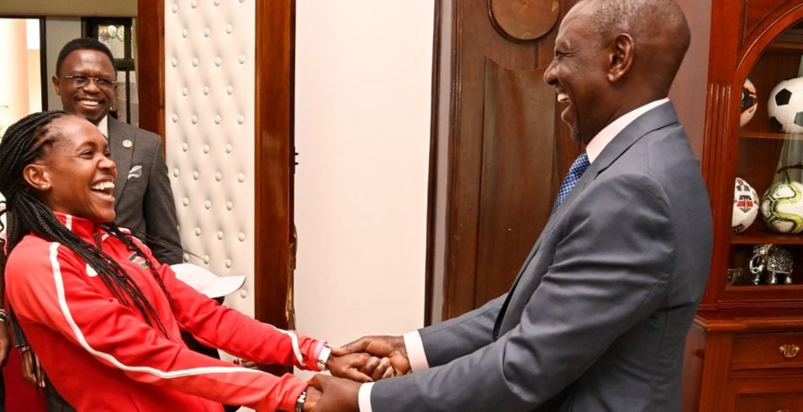 President William Ruto (Right) Receives Double World Record Holder Faith Kipyegon at Statehouse, Nairobi on June 13, 2023 President Ruto Hosts Omanyala, Kipyegon for Breakfast at State House