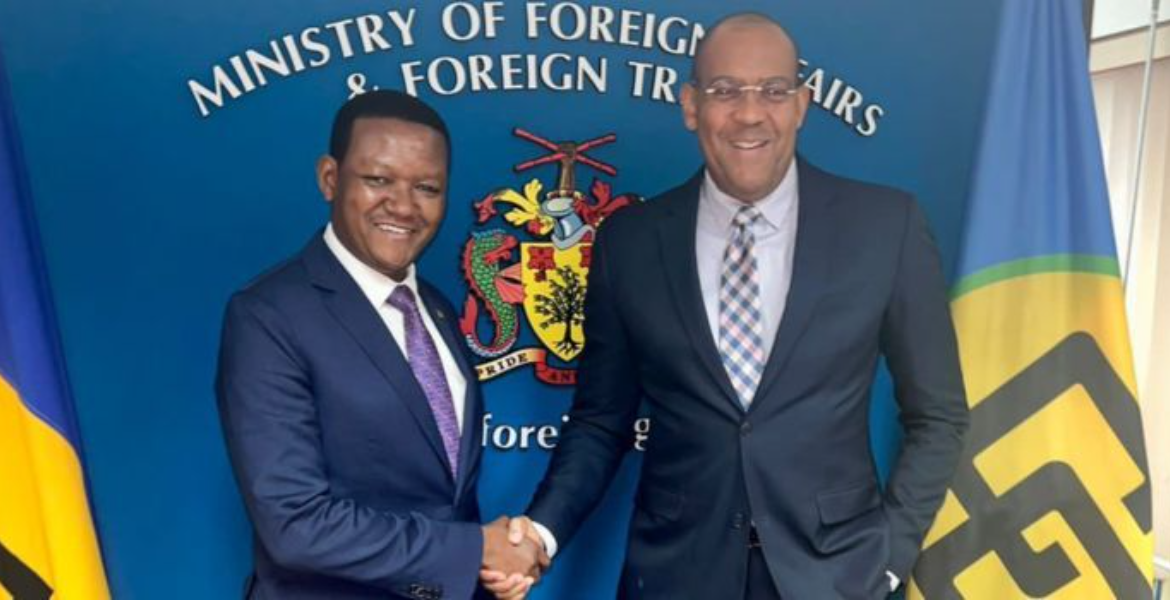 Foreign Affairs CS Alfred Mutua (Left) and Barbados Minister of Foreign Affairs Kerrie Symmonds (Right) on June 18, 2023 CS Alfred Mutua Seals Deal to Export Computers Built in Kenya to Barbados