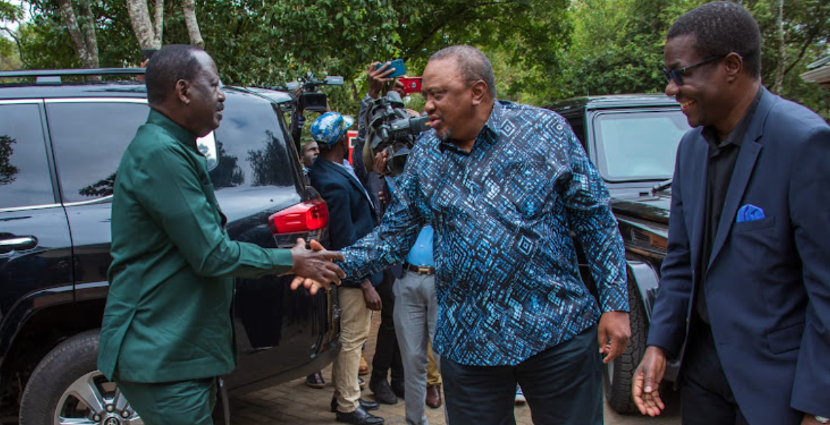 Azimio Leader Raila Odinga, Former President Uhuru Kenyatta and National Assembly Minority Leader Opiyo Wandayi at the SKM Centre on July 28, 2023 Uhuru Drives Self to Join Raila in Mourning Protest Victims