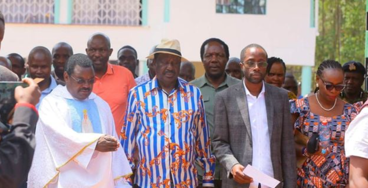 Azimio la Umoja One Kenya Coalition Leader Raila Odinga is Ushered at St Tiberious Ekerubo Catholic Church in Kitutu Masaba, Nyamira county on August 6, 2023 Raila: Joining Ruto's Government Would Taint My Image