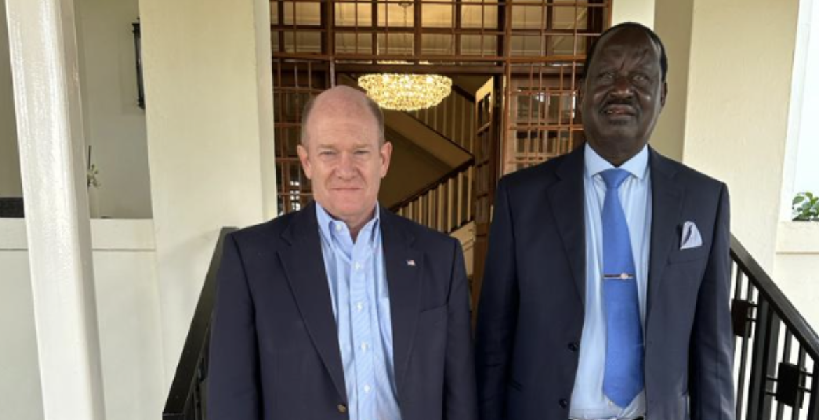 ODM Leader Raila Odinga and US senator Chris Coons on Sunday, August 13 Raila Holds Talks With US Senator Who Brokered Handshake With Uhuru
