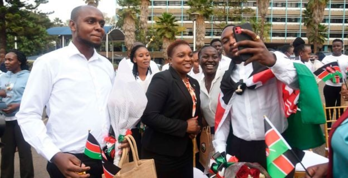 Health CS Susan Nakhumicha Poses for a Photograph With Nurses on August 21, 2023 Kenya Sends Second Batch of 76 Nurses to the UK