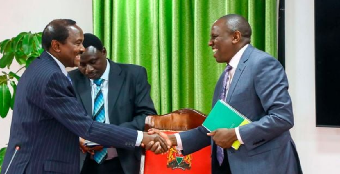 Wiper Party Leader Kalonzo Musyoka (left) and National Assembly Majority Leader Kimani Ichung’wah Secrets of Ruto, Raila Talks With Former President Obasanjo