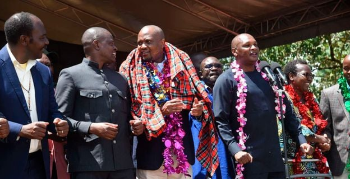 From Left: Malava MP Malulu Injendi, Kiharu MP Ndindi Nyoro, Trade Cabinet Secretary Moses Kuria, Farouk Kibet, Turbo MP Janet Sitienei During a Fundraiser in Kipkaren, Uasin Gishu County on September 17, 2023 Infighting, High Fuel Prices Put President Ruto Regime to Test