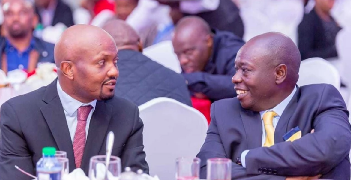 Deputy President Rigathi Gachagua(Right) and Trade CS Moses Kuria Trouble in Paradise: Rigathi, Kuria Feud Puts Ruto in a Fix