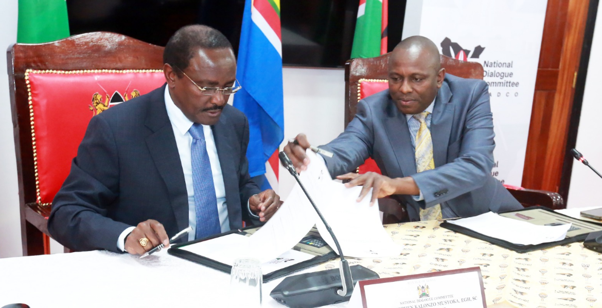 Wiper Leader Kalonzo Musyoka (Left) and National Assembly Majority Leader Kimani Ichung'wah Tempers Flare as Ruto-Raila Talks End in Near Fisticuffs