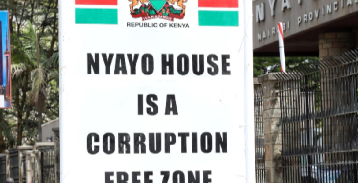 Corruption Free Zone Sign Post Erected at Nyayo House on September 7, 2023 15 Arrested Over Passport Scam Probe at Nyayo House
