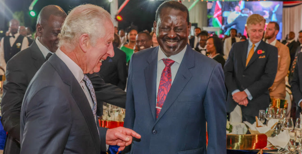 President William Ruto (left, partly hidden) with King Charles III and Azimio Leader Raila Odinga at Statehouse Leaders Divided Over Raila's State Banquet Invitation