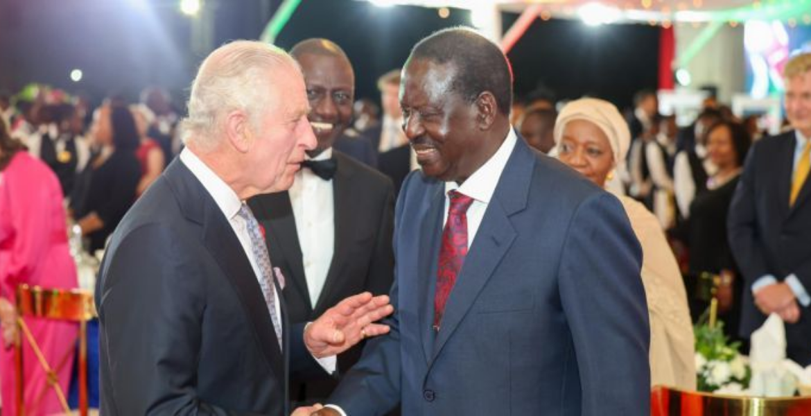 From left: King Charles III, President William Ruto, and Former Prime Minister Raila Odinga at State House on October 31, 2023 Ex-Mungiki Leader Maina Njenga Trolls Gachagua for Missing King Charles' State House Event