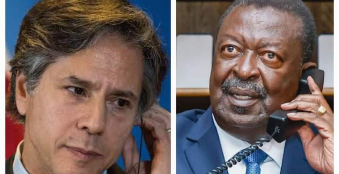 A Photo Collage of US secretary of State Anthony Blinken (left) and Musalia Mudavadi Blinken Extends Congratulations to Mudavadi on New CS Role