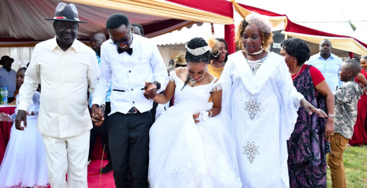 ODM Leader Raila Odinga With his son Gideon Gachuki and his Bride Ann Ng’endo During Wedding Details About Raila Odinga's 'Son' Gideon Gachuki