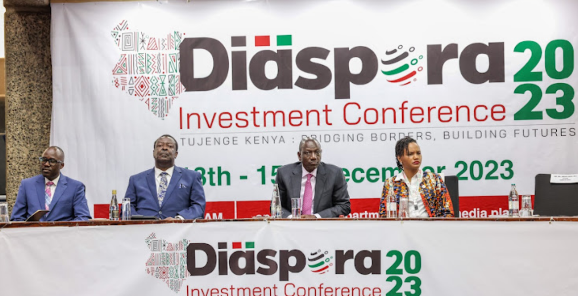 Foreign Affairs PS Korir Singoei, Prime Cabinet Secretary Musalid Mudavadi, President William Ruto and Diaspora Affairs PS Roseline Njogu President Ruto Inaugurates 2nd Annual Kenya Diaspora Conference