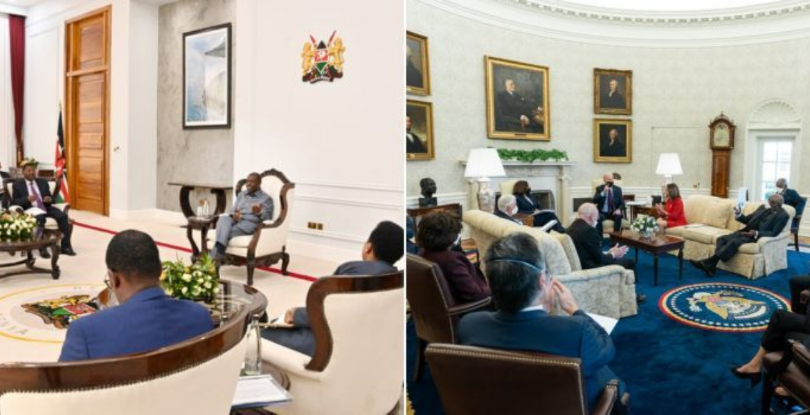 President William Ruto and President Joe Biden in Their Respective Offices Ruto's New State House Décor vs. Biden's Oval Office Aesthetics