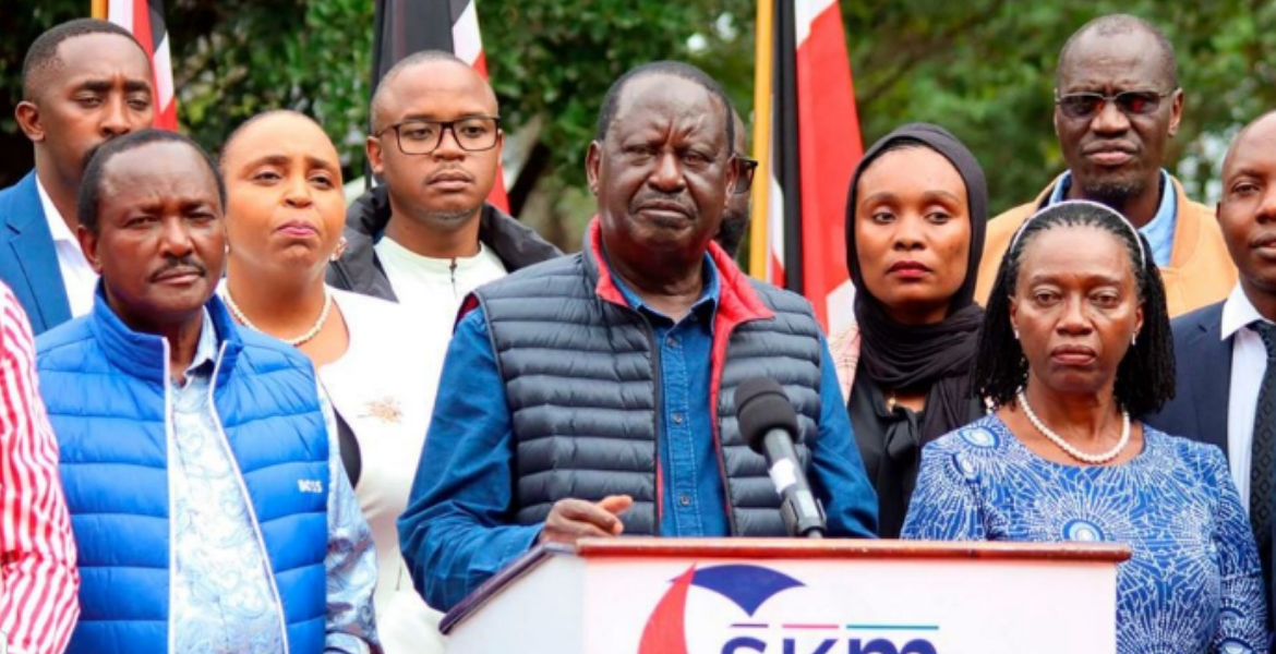 Raila Odinga (centre) and the top Leadership of Azimio la Umoja Address the Media Odinga's Potential Departure Sparks Power Struggle in Azimio Coalition