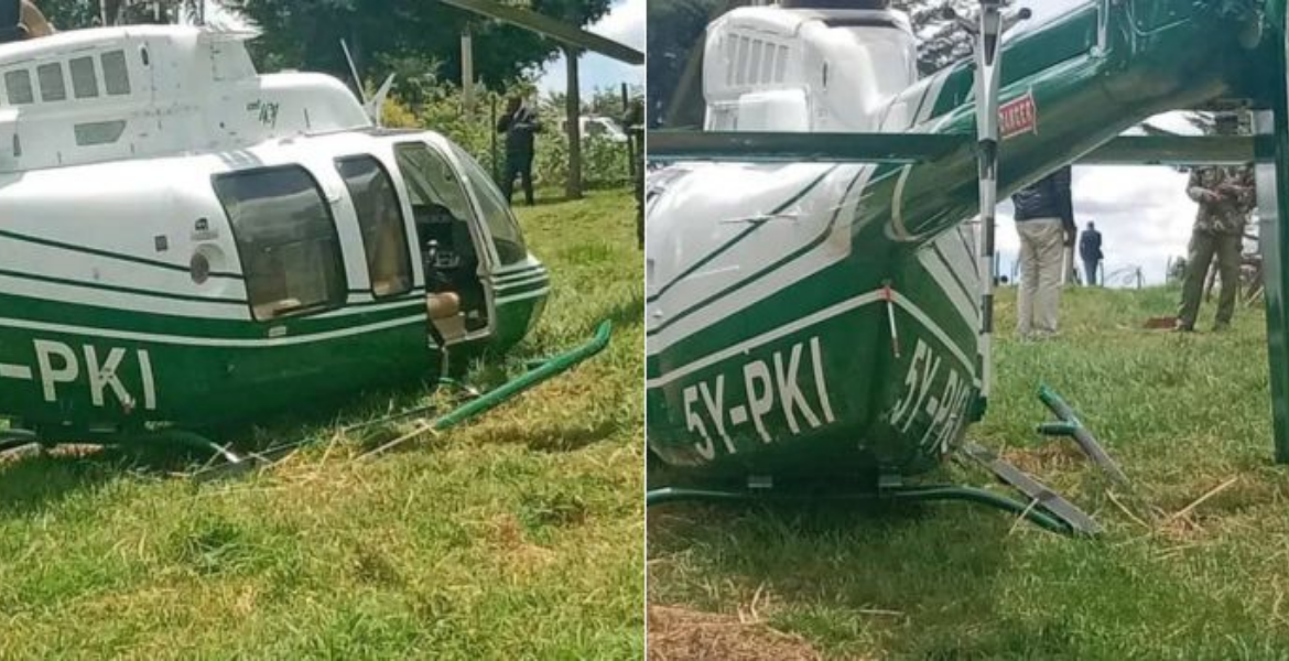 The Chopper Carrying Transport and Roads Cabinet Secretary (CS) Kipchumba Murkomen After Crashing at the Mwachon Area in Baringo CS Murkomen Escapes Unharmed After Baringo Helicopter Crash