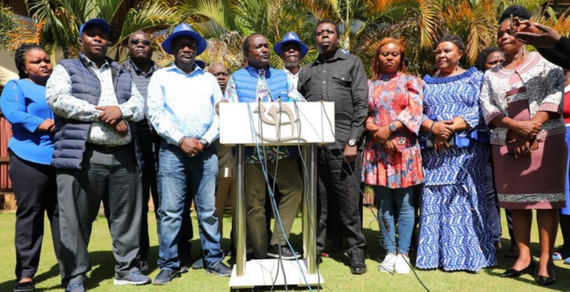 Kalonzo Musyoka (in Blue Half Coat) and Eugene Wamalwa (in all Black) Kalonzo, Wamalwa Threatens Street Protests Over Stalled Electoral Justice Reforms
