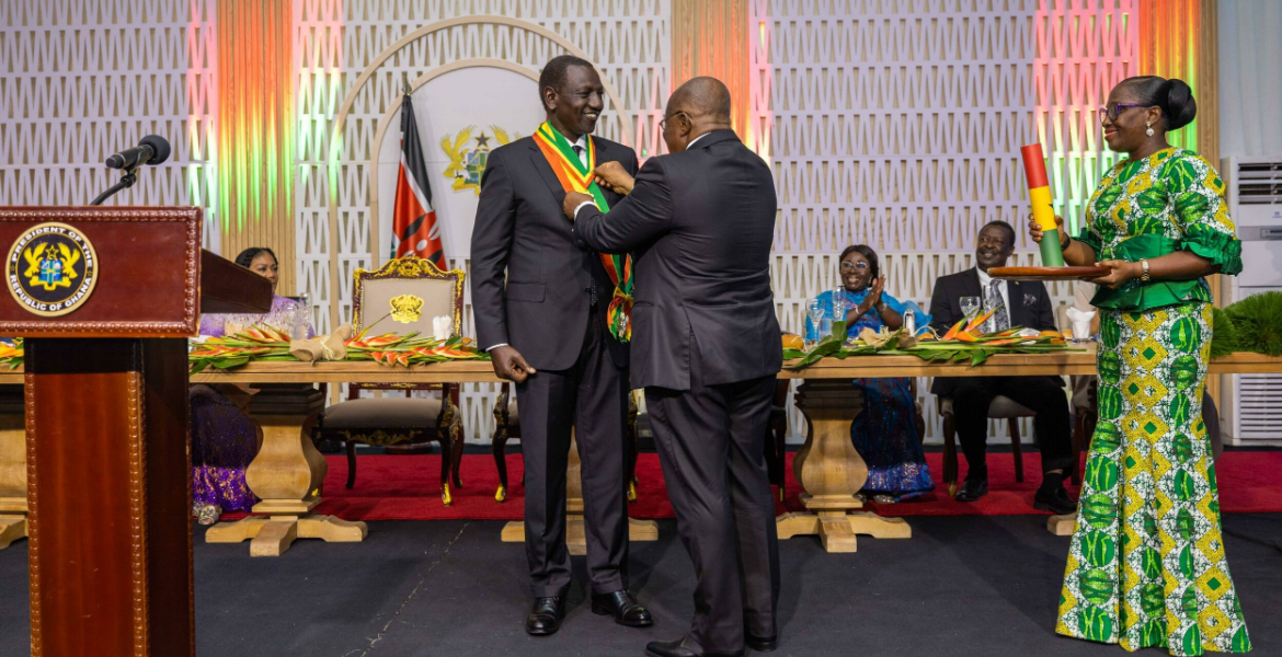 President William Ruto Receives the Companion of the Order of the Star of the Volta by Ghanaian President Nana Akufo-Addo President William Ruto Receives Ghana's Highest Honor