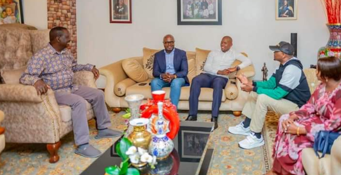 ODM Leader Raila Odinga Hosting Public Service CS Moses Kuria During a Reconciliation Meeting at the Odinga's Karen Home Moses Kuria's Family Presents Raila with Goat in Reconciliation Bid