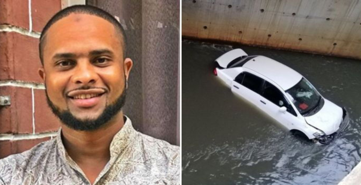 Media Personality Jamal Gaddafi (left) and a Car Trapped in Floods/ Kenyans Former KTN Presenter Jamal Gaddafi Cheats Death as Car Swept Away in Westlands Deluge