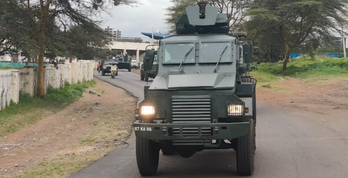 An armored personnel carrier making its way to Nairobi CBD from Nyayo stadium Security Forces Secure State House Entrances