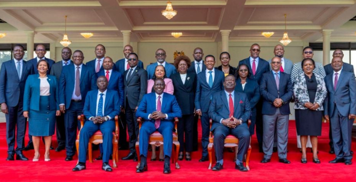 The Cabinet secretaries pose for a picture with Deputy President Rigathi Gachagua, President William Ruto, and Prime Minister Musalia Mudavadi Curtain Falls on Kenya's Billionaire Cabinet Secretaries
