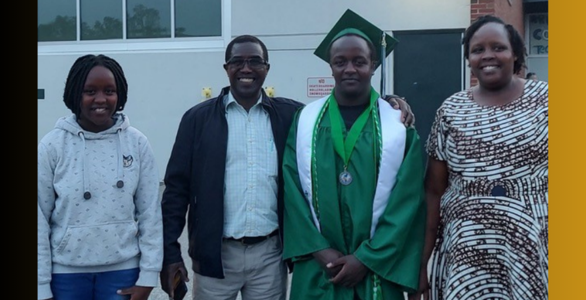 Photo caption for family photo: (left to right) Amon’s sister, Amanda Chumba; his dad, John Rono; Amon; and his mom, Edna Tirop. Kenyan Immigrant's Path to Understanding US College Admissions