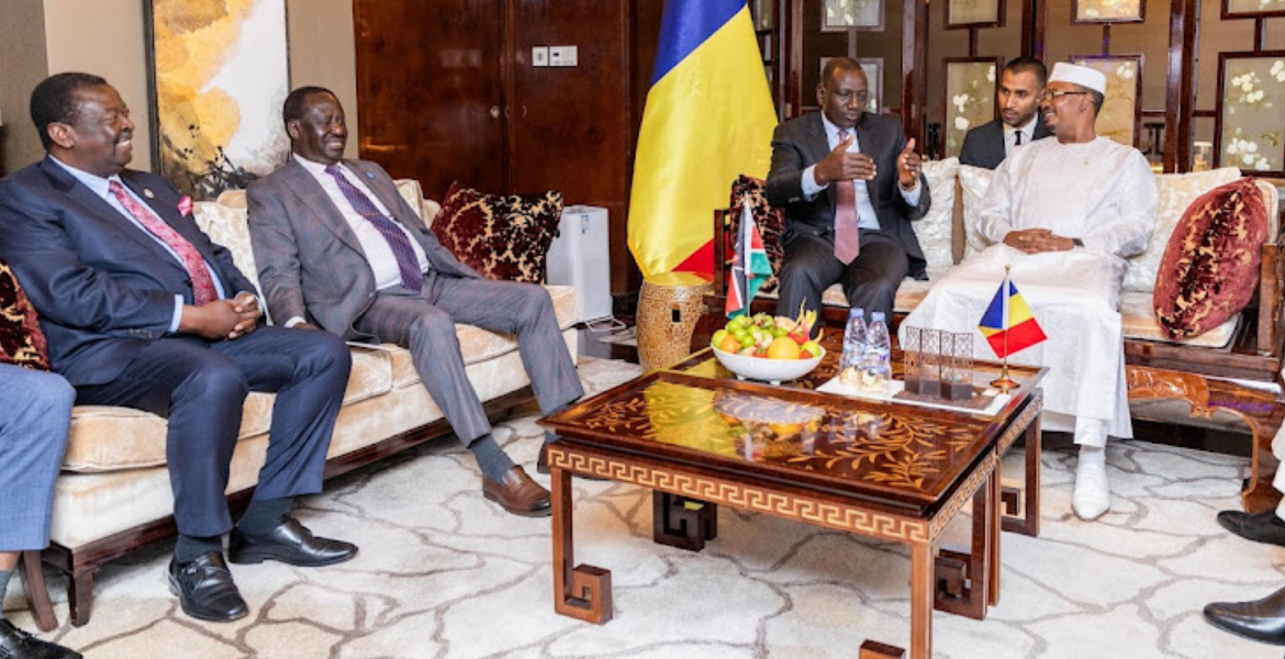 President William Ruto With Raila Odinga and Prime Cabinet Secretary Musalia Mudavadi During a Meeting With Chad President Mohamat Idriss Ruto Leverages China Summit to Drum Up Support for Raila's AUC Bid
