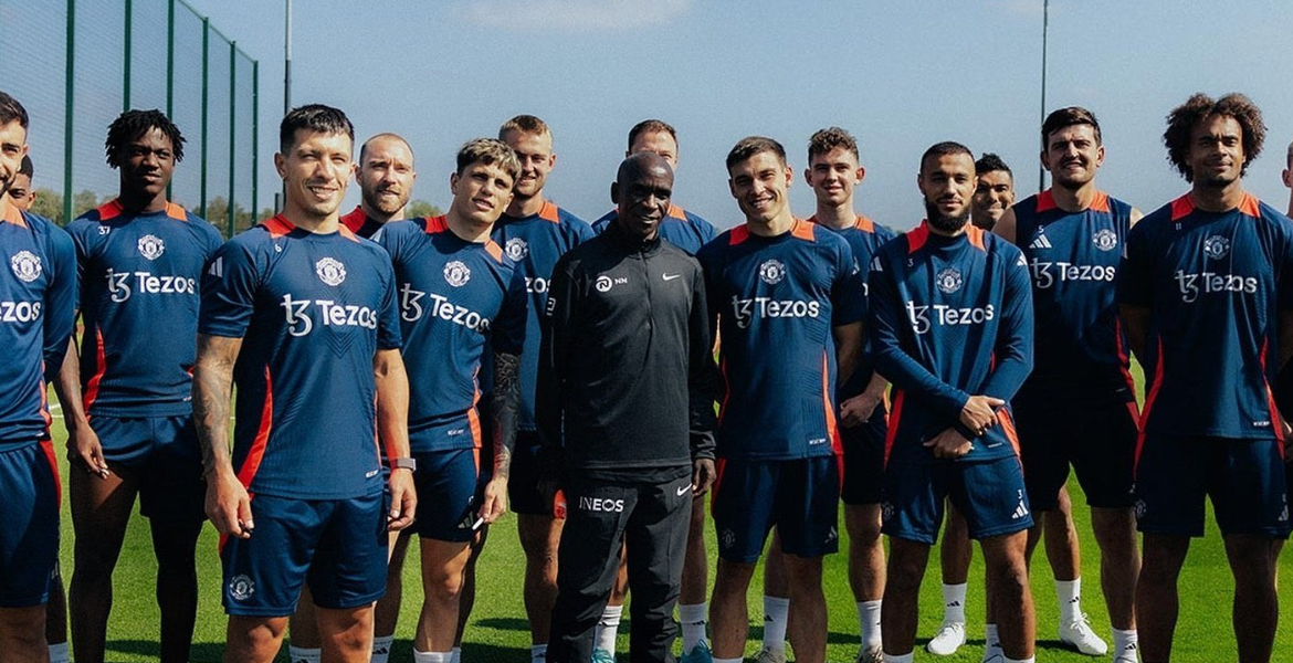 Eliud Kipchoge at Carrington Marathon Legend Kipchoge Inspires Man United Squad at Carrington