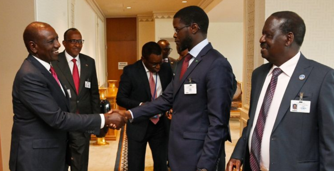 President William Ruto shakes hands with Senegalese president Bassirou Diomaye Faye as Former Prime Minister Raila Odinga Look on Raila's AU Ambitions Take Center Stage at UN Assembly