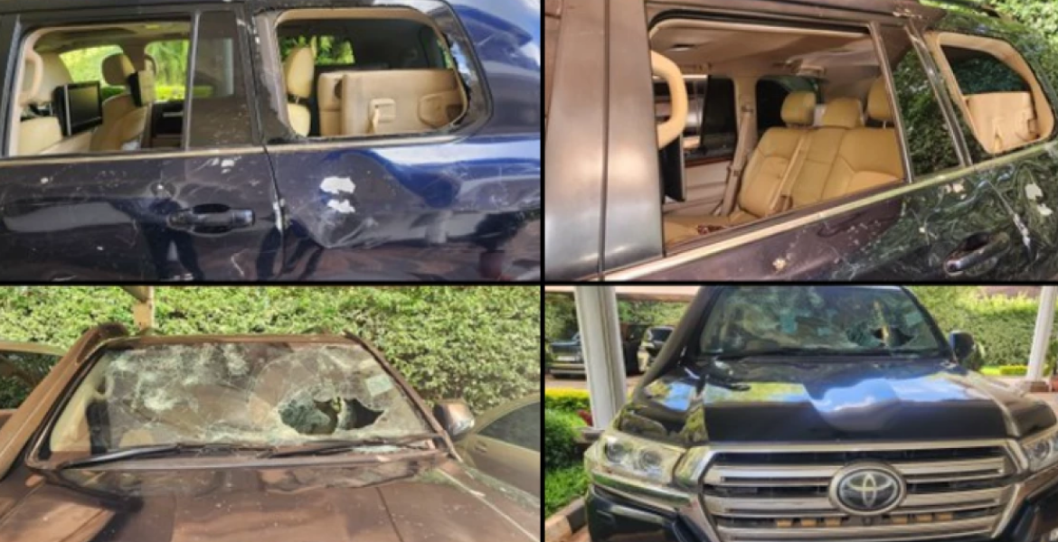 Images Showing a Vehicle Belonging to Rigathi Gachagua, Damaged During the Limuru Incident The Calculated Attack on Gachagua Revealed