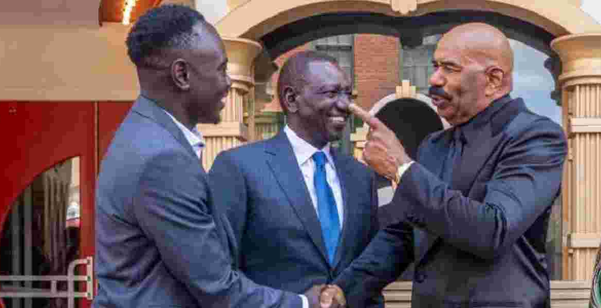 Comedian Eddie Butita (left), President William Ruto, and American TV host Steve Harvey at Tyler Perry Studios in Atlanta, Georgia President Ruto Pledges Ksh500 Million to Bring Grammys to Kenya