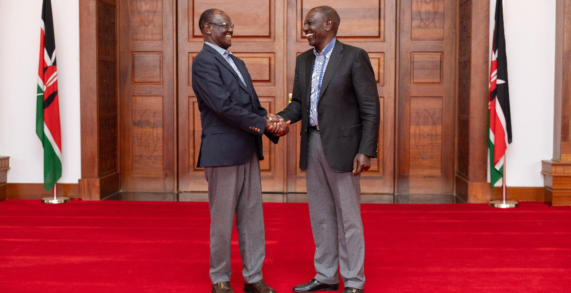 President William Ruto (right) and Former Meru Governor Kiraitu Murungi at State House, Nairobi Murungi's Surprise State House Visit Sparks Speculation of Another Cabinet Reshuffle