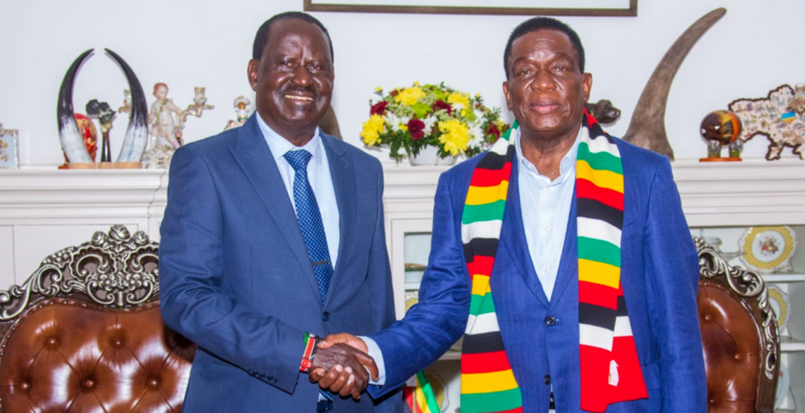 Former Prime Minister Raila Odinga and Zimbabwean President Emmerson Mnangagwa Raila takes his AUC Campaigns to Zimbabwe