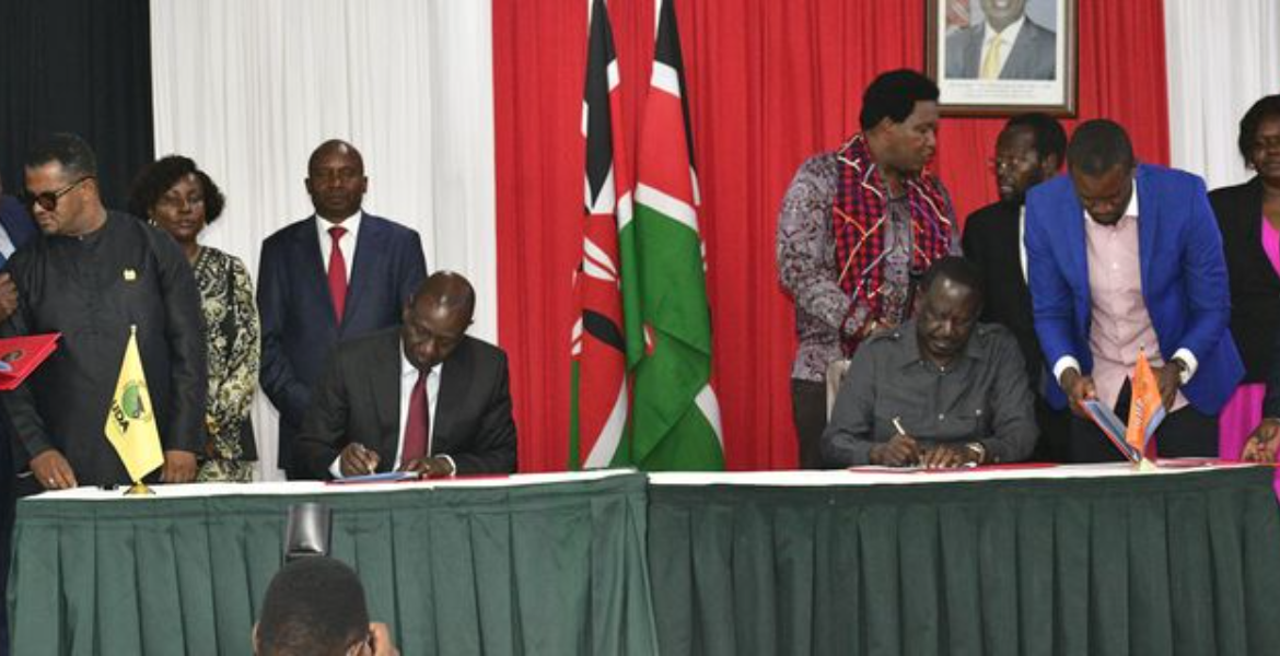 Deal SigningPresident Willam Ruto and ODM Party Leader Raila Odinga During the MoU Signing at KICC Ruto-Raila Sign 10-Point MoU